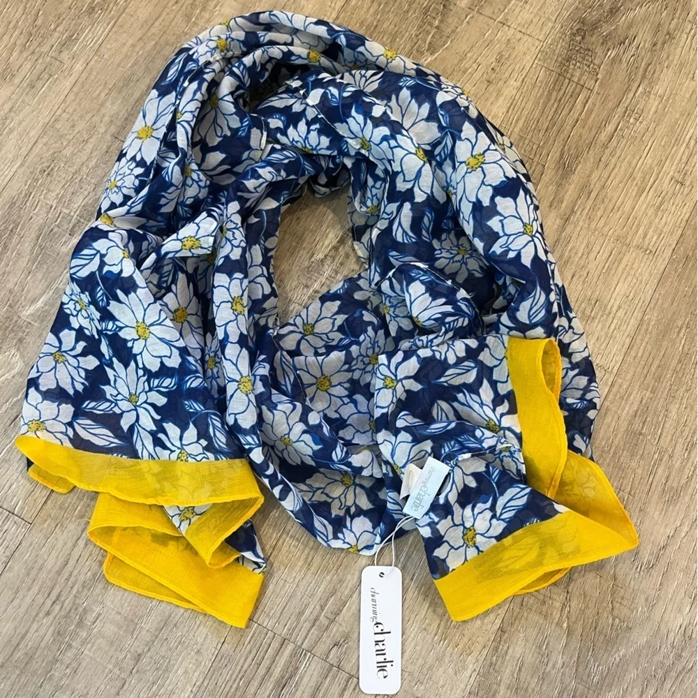 NWT Charming Charlie Blue and Yellow Floral Daisies Scarf